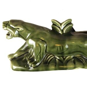 Vintage Green Panther Lamp MCM Ceramic Cougar Planter/Lamp